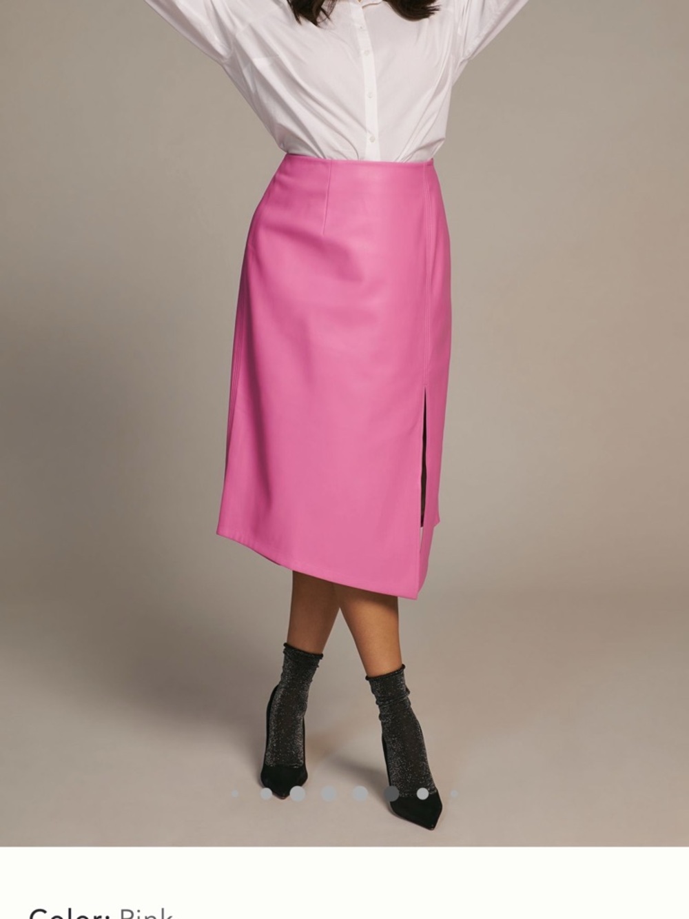 Maeve Pink Midi Faux Leather Skirt with Side Slit